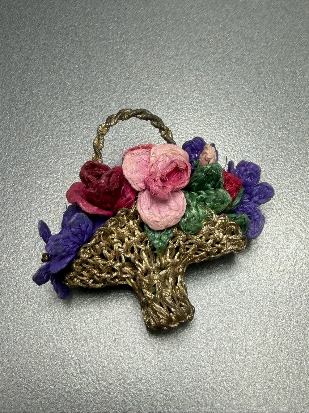 Vintage Crochet Floral Basket Brooch - Pink, Purple & Green #cz43
